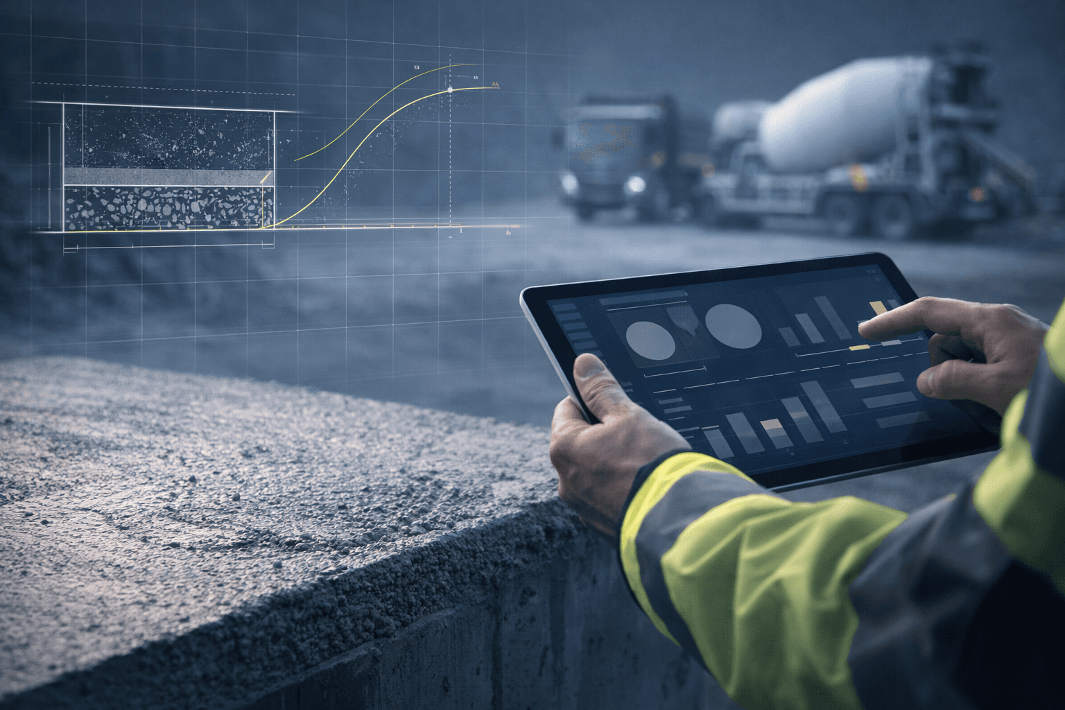 Construction worker reviewing material analytics on a tablet beside a cement mixer truck and concrete slab.