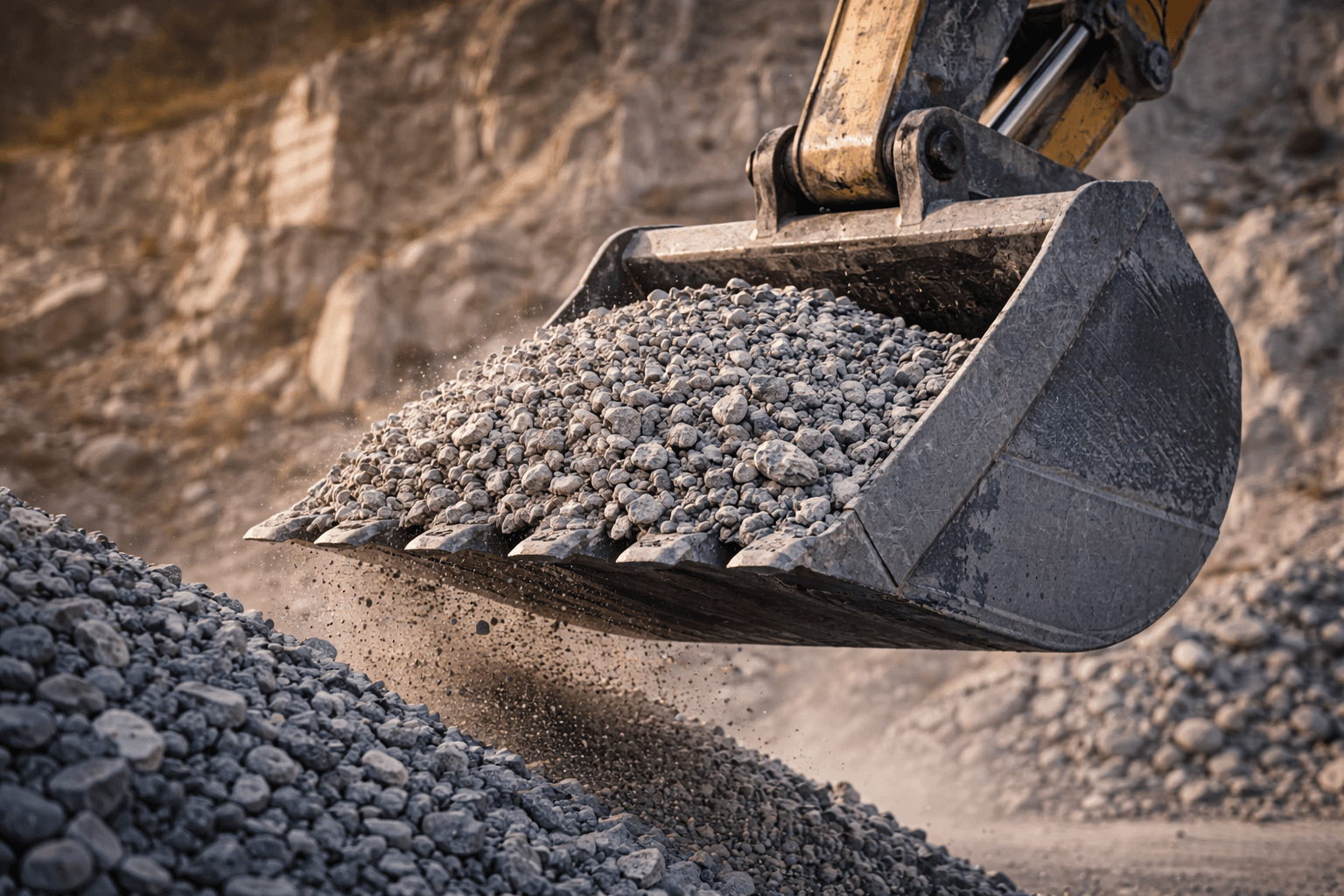 Excavator bucket pouring crushed stone onto a gravel stockpile.