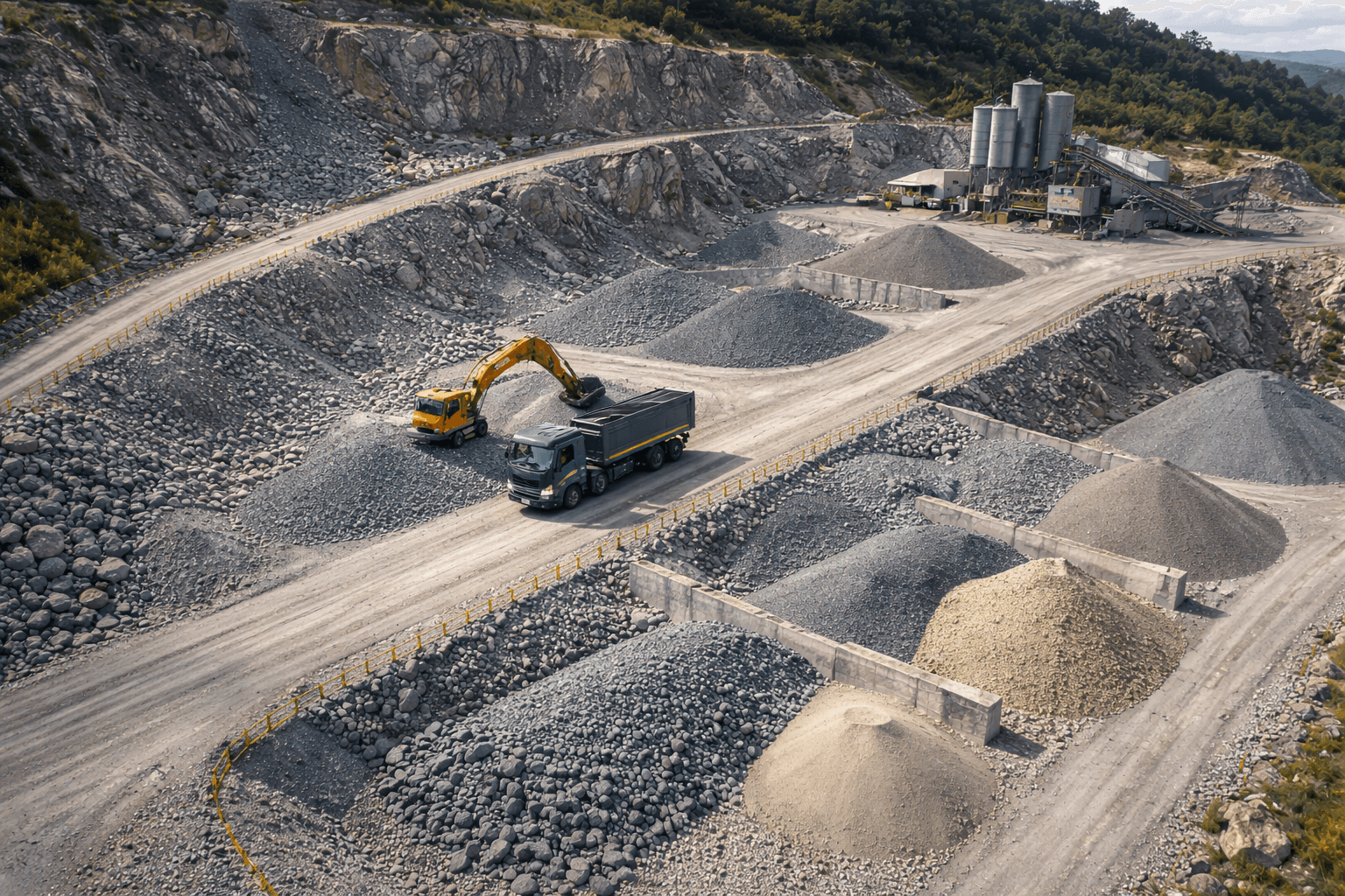 Aerial view of an aggregate quarry with conveyors, stockpiles, excavator, and haul trucks.